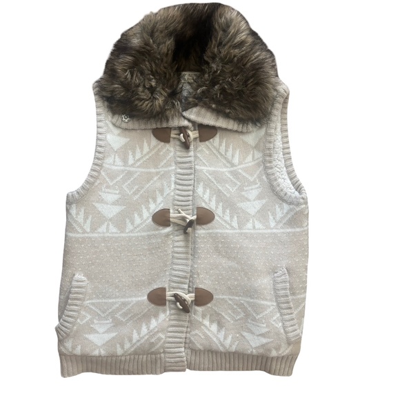 Pink Rose Aztec Knit Vest with Faux Fur Collar, Sherpa Lined - Neutral Tone - L - Picture 2 of 6